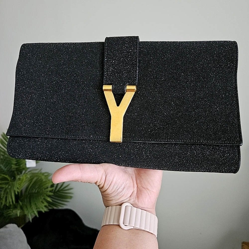 Yves Saint Laurent Black Gold Clutch with Luxurious Y Accent